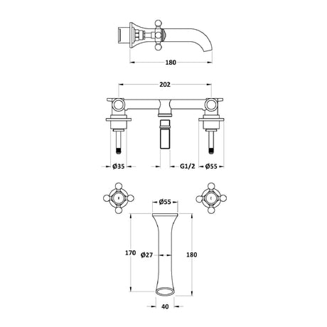 Hudson Reed Topaz Crosshead 3-Hole Wall Mounted Basin Mixer Tap Chrome BC417HX LD