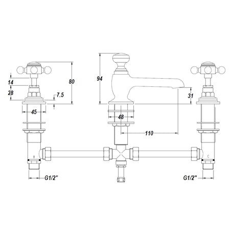Hudson Reed Topaz Crosshead 3 Hole Basin Mixer Tap & Waste BC807HX LD