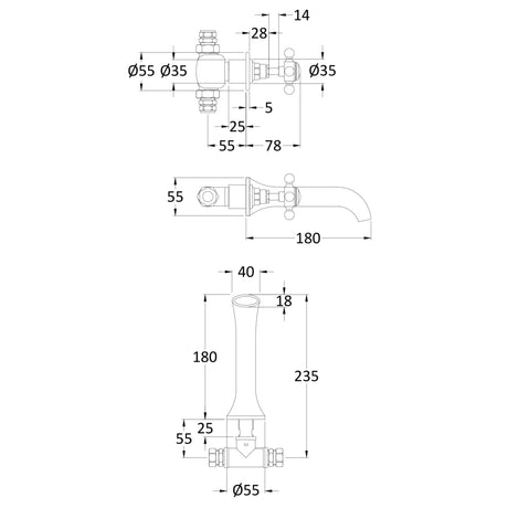 Hudson Reed Topaz Crosshead 3-Hole Wall Mounted Basin Mixer Tap Brushed Brass BC817HX LD