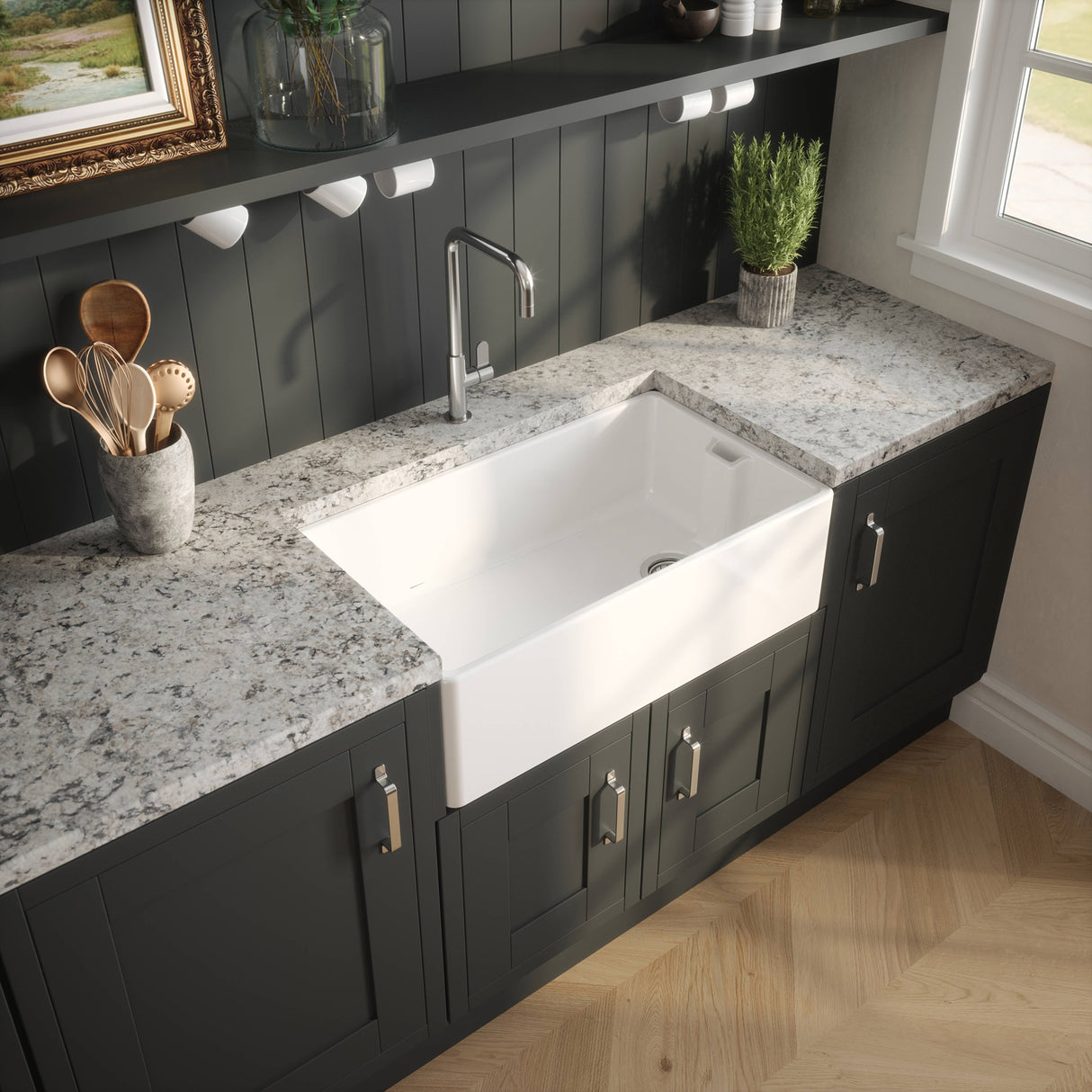 Nuie Belfast Ceramic 1.0 Bowl Kitchen Sink 795 x 460 x 245mm Without Waste -  White BE10032 LS1