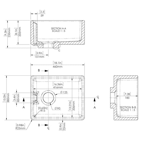 Nuie Belfast Ceramic 1.0 Bowl Kitchen Sink 460 x 380 x 205mm Without Waste - White BE11018 LD