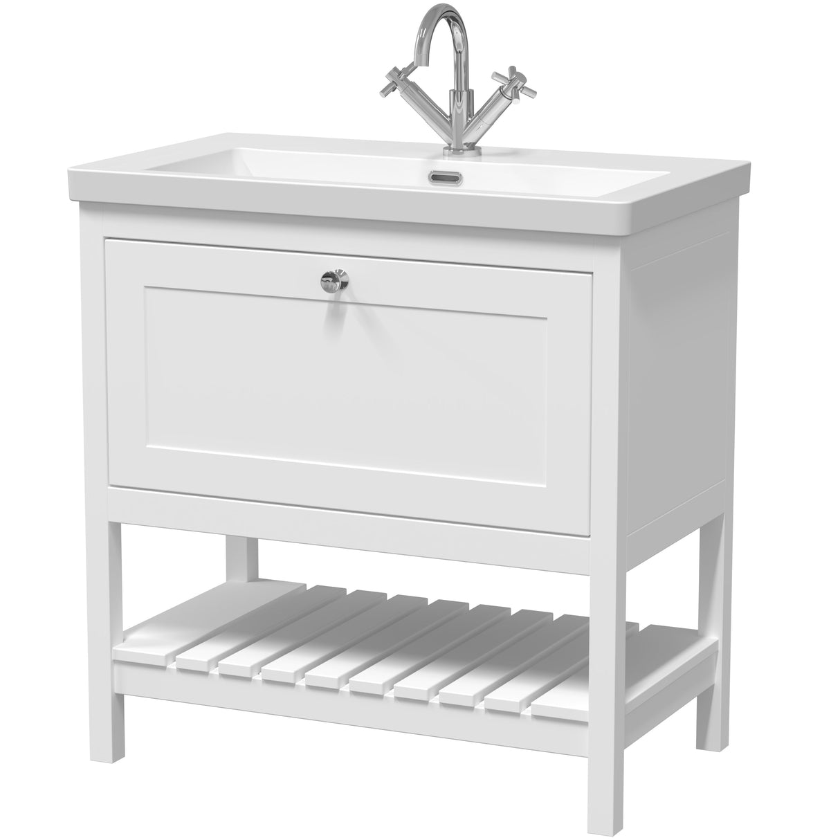 Old London Bexley 800mm Freestanding Vanity Unit & Basin, 1 Drawer Pure White BEX127L