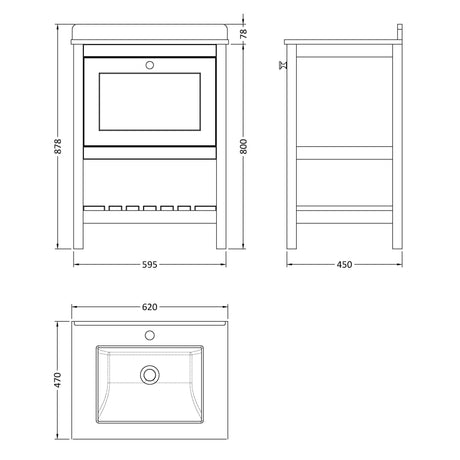 Old London Bexley 600mm Freestanding Vanity Unit & Basin, 1 Drawer Cool Grey BEX225WS1 LD