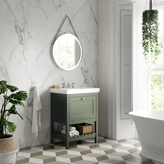 Old London Bexley 600mm Freestanding Vanity Unit & Basin, 1 Drawer Fern Green BEX825B LS1
