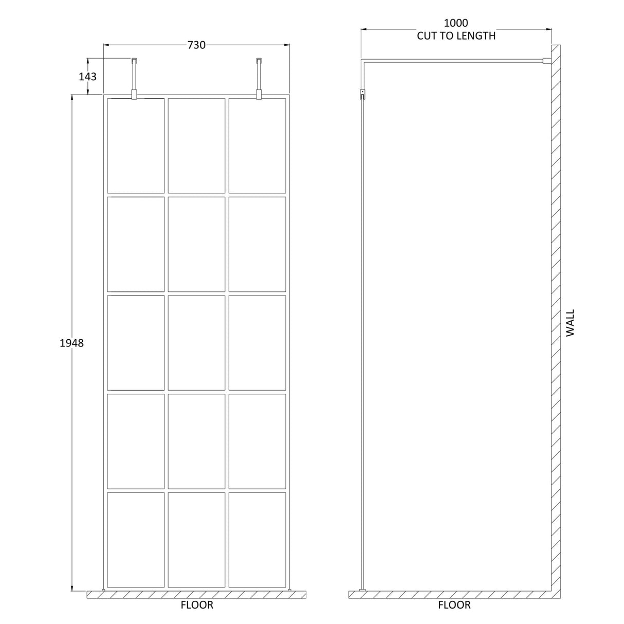 Hudson Reed 8mm Framed Wetroom Screen - Freestanding With Arms - Matt Black BFAF076 LD