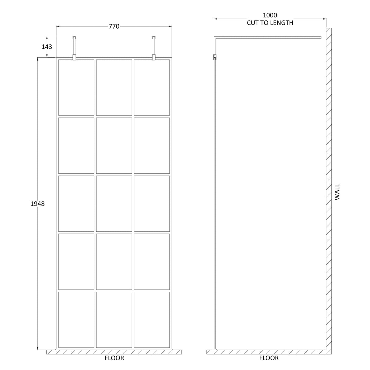 Hudson Reed 8mm Framed Wetroom Screen - Freestanding With Arms - Matt Black BFAF080 LD