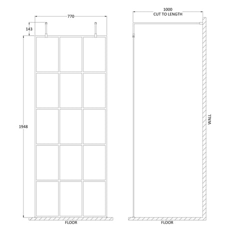 Hudson Reed 8mm Framed Wetroom Screen - Freestanding With Arms - Matt Black BFAF080 LD