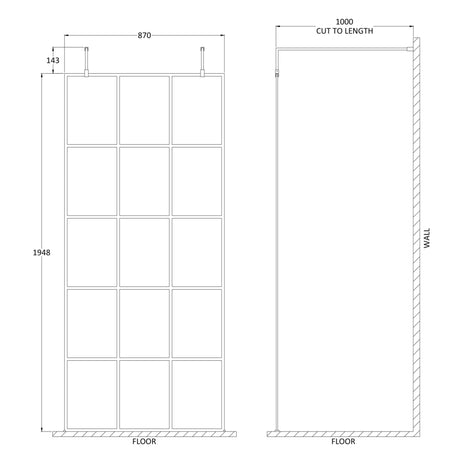 Hudson Reed 8mm Framed Wetroom Screen - Freestanding With Arms - Matt Black BFAF090 LD