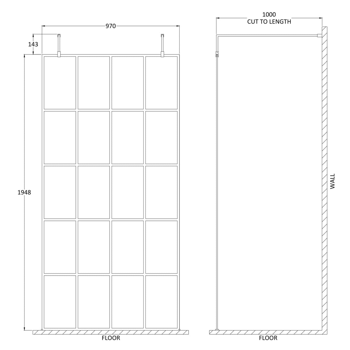 Hudson Reed 8mm Framed Wetroom Screen - Freestanding With Arms - Matt Black BFAF10 LD