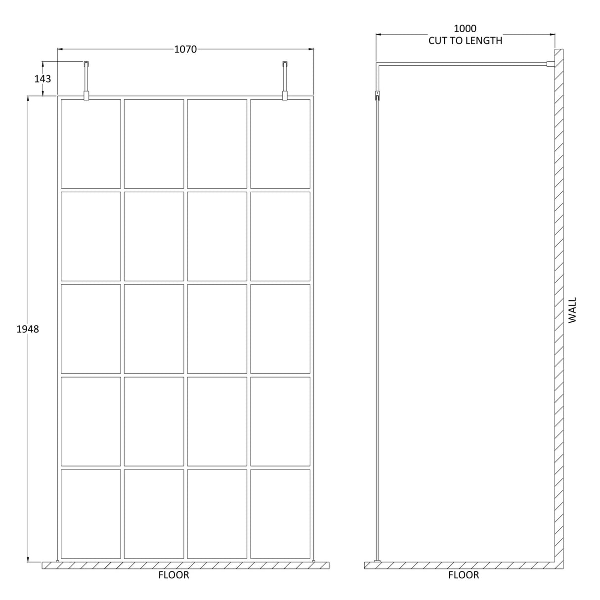 Hudson Reed 8mm Framed Wetroom Screen - Freestanding With Arms - Matt Black BFAF11 LD