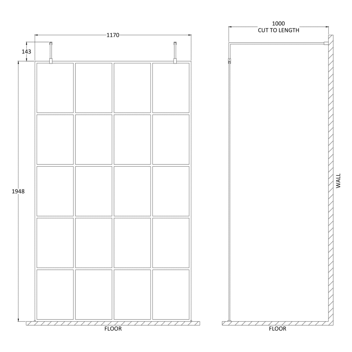Hudson Reed 8mm Framed Wetroom Screen - Freestanding With Arms - Matt Black BFAF12 LD