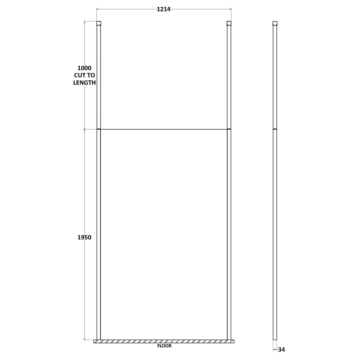 Hudson Reed 8mm Freestanding Wetroom Screen With Ceiling Posts Matt Black BGPCP12 LD