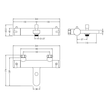 Nuie Binsey Wall Mounted Thermostatic Bath Shower Mixer Tap Chrome BIN005 LD