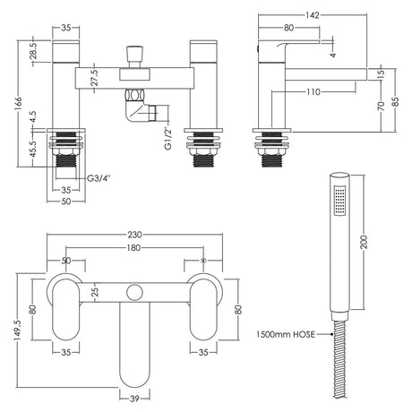 Nuie Binsey Bath Shower Mixer Tap with Shower Kit Chrome BIN304 LD