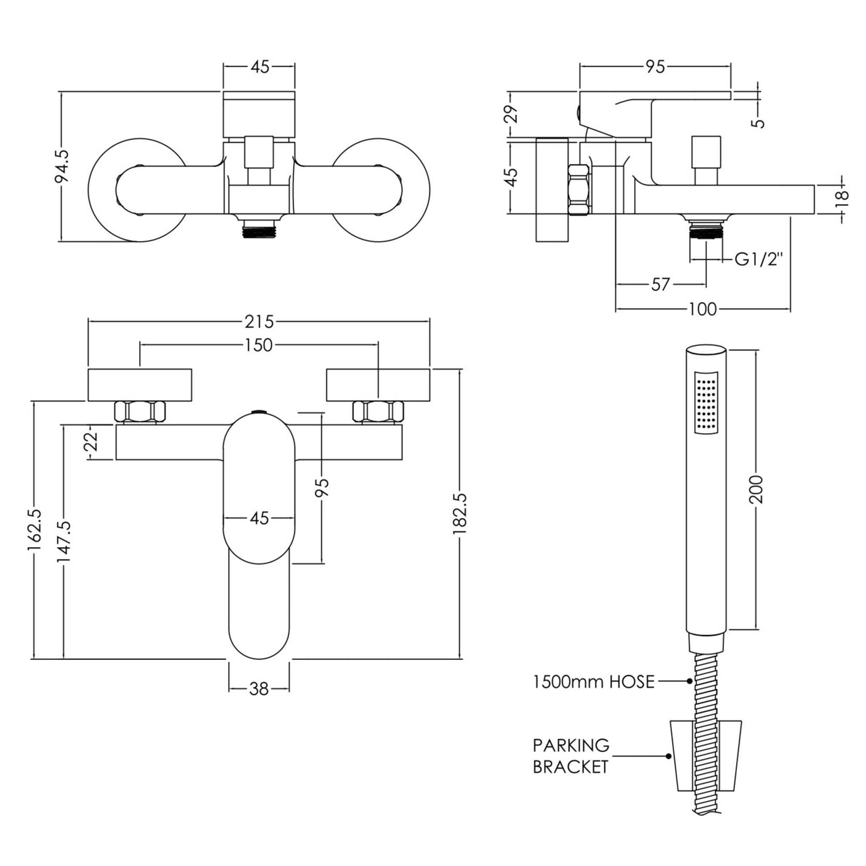Nuie Binsey Wall Mounted Bath Shower Mixer Tap with Shower Kit Chrome BIN316 LD