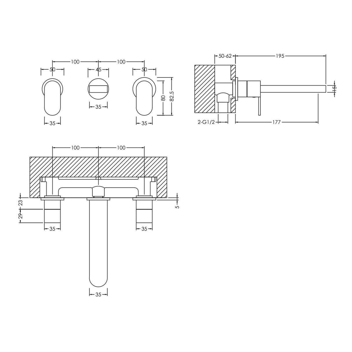Nuie Binsey 3-Hole Wall Mounted Basin Mixer Tap Chrome BIN317 LD