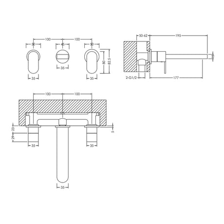 Nuie Binsey 3-Hole Wall Mounted Basin Mixer Tap Chrome BIN317 LD