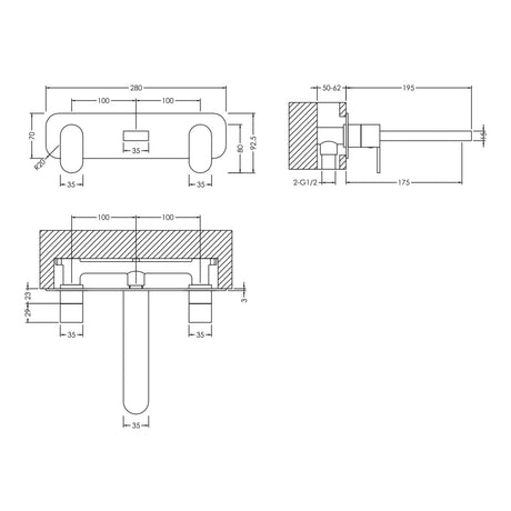 Nuie Binsey 3-Hole Wall Mounted Basin Mixer Tap with Plate Chrome BIN350 LD