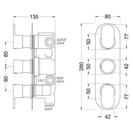 Nuie Binsey 3 Outlet Thermostatic Concealed Shower Valve With Diverter Chrome BINTR03 LD