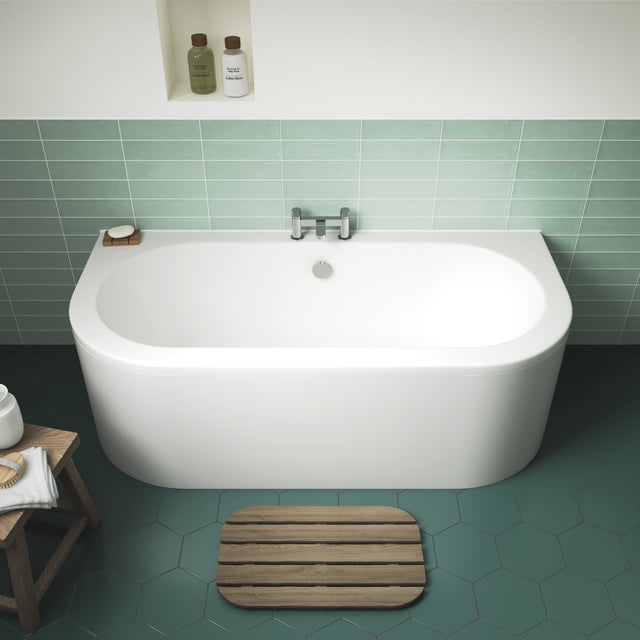 Nuie Shingle Curved Double Ended Back To Wall Bath With Bath Panel White BSG003 LS