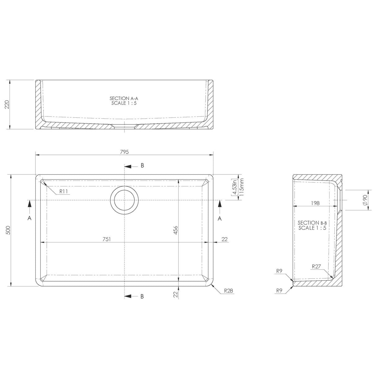Nuie Butler Sink With Central Waste 795 x 500 x 220mm - White BU10032 LD