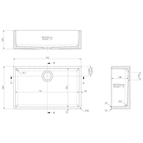 Nuie Butler Sink With Central Waste 795 x 500 x 220mm - White BU10032 LD