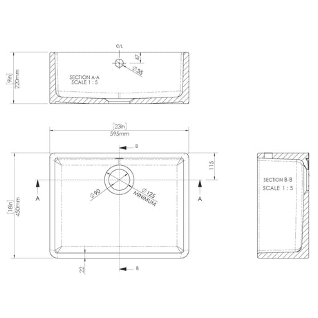 Nuie Butler Sink With Central Waste & Overflow 595 x 450 x 220mm - White BU10124 LD