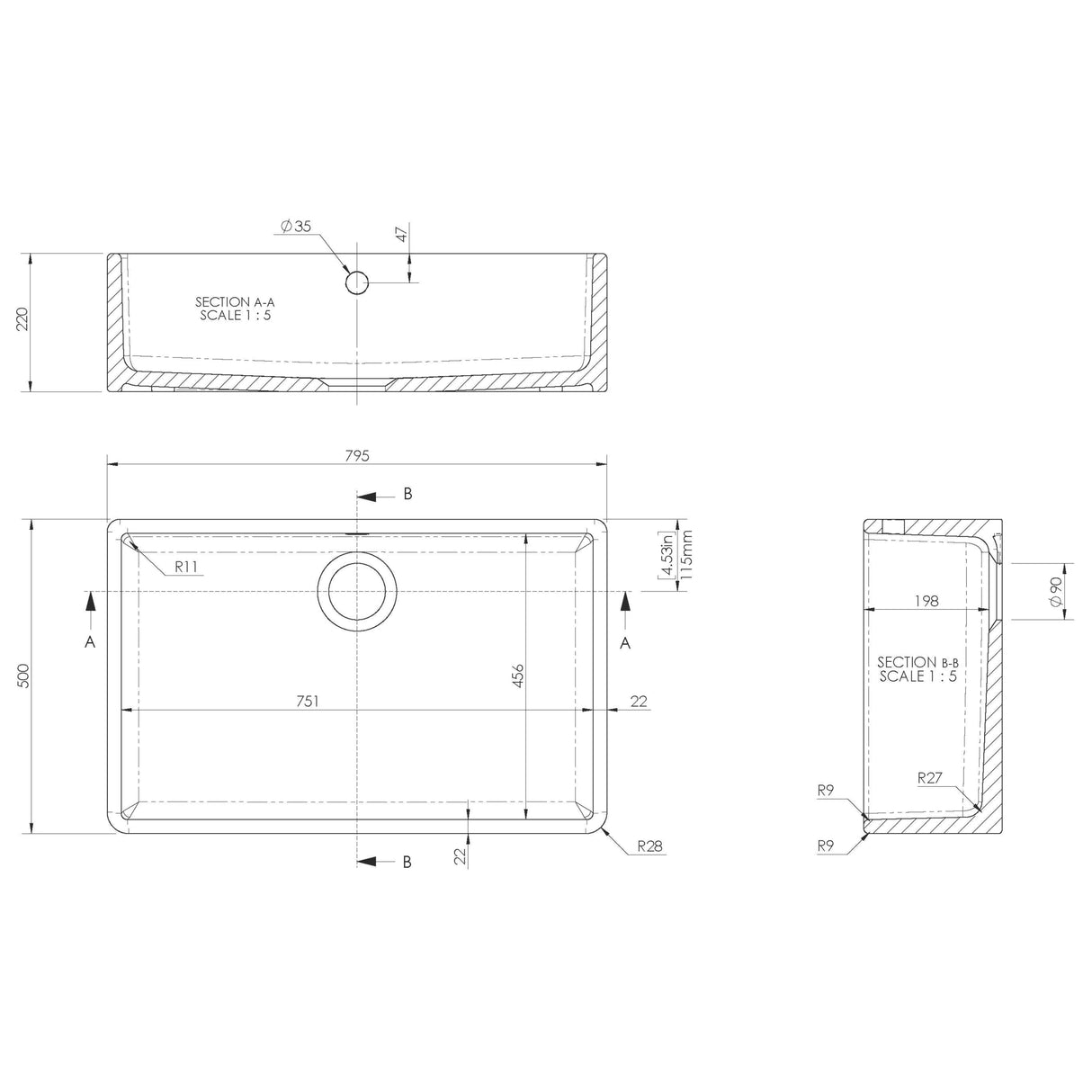 Nuie Butler Sink With Central Waste & Overflow 795 x 500 x 220mm - White BU10132 LD