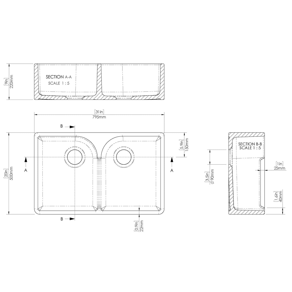Nuie 2.0 Bowl Butler Sink With Stepped Weir 795 x 500 x 220mm - White BU120AS32D LD