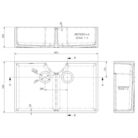 Nuie 2.0 Bowl Butler Sink With Stepped Weir & Tap Ledge 895 x 550 x 220mm - White BU120AS36D LD