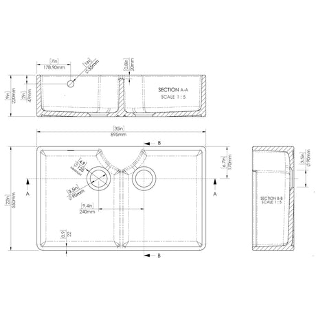 Nuie 2.0 Bowl Butler Sink With Stepped Weir, Overflow & Tap Ledge 895 x 550 x 220mm - White BU121AS36D LD