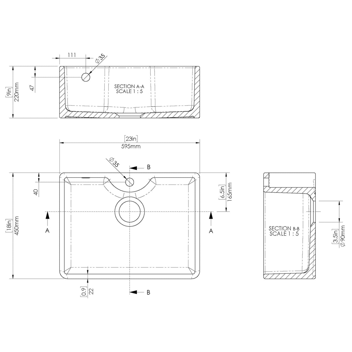 Nuie Butler Sink With Central Waste, Overflow & Tap Hole 595 x 450 x 220mm - White BU13124 LD