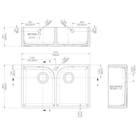 Nuie 2.0 Bowl Butler Sink With Flush Weir, Overflow & Tap Hole 795 x 500 x 220mm - White BU131AF32D LD