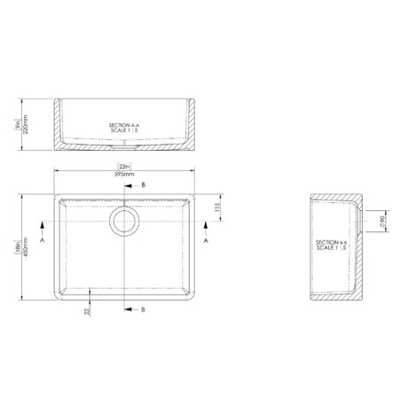 Nuie Butler Sink With Central Waste 595 x 450 x 220mm  - Soft Black BU40024 LD