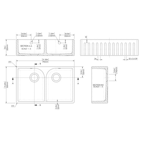 Nuie Deco 2.0 Bowl Butler Sink With Flush Weir & Overflow 795 x 500 x 220mm - White BUF121AF32D LD
