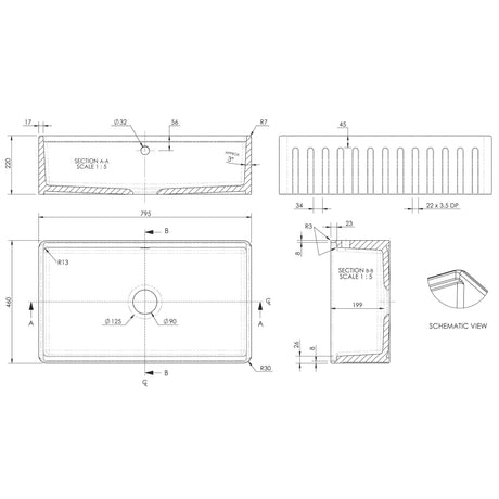 Nuie Butler Sink With Ledge, Grid & Chopping Board 795 x 460 x 220mm  - White BU18132WBG LD