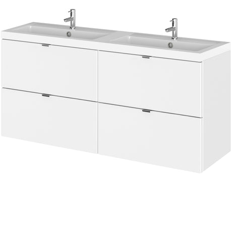 Hudson Reed Fusion 1200mm Full Depth Wall Hung Double Basin Vanity Unit & Basin, 4 Drawers Gloss White CBI132