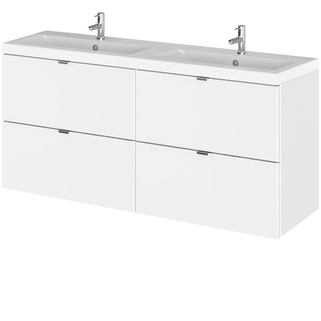 Hudson Reed Fusion 1200mm Full Depth Wall Hung Double Basin Vanity Unit & Basin, 4 Drawers Gloss White CBI132A
