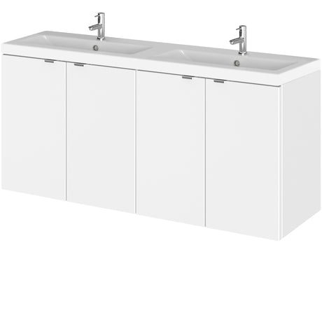 Hudson Reed Fusion 1200mm Full Depth Wall Hung Double Basin Vanity Unit & Basin, 4 Doors Gloss White CBI133A