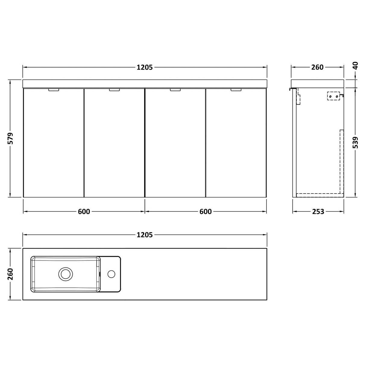 Hudson Reed Fusion 1200mm Slimline Wall Hung Vanity Unit & Basin, 4 Doors Gloss White CBI135 LD