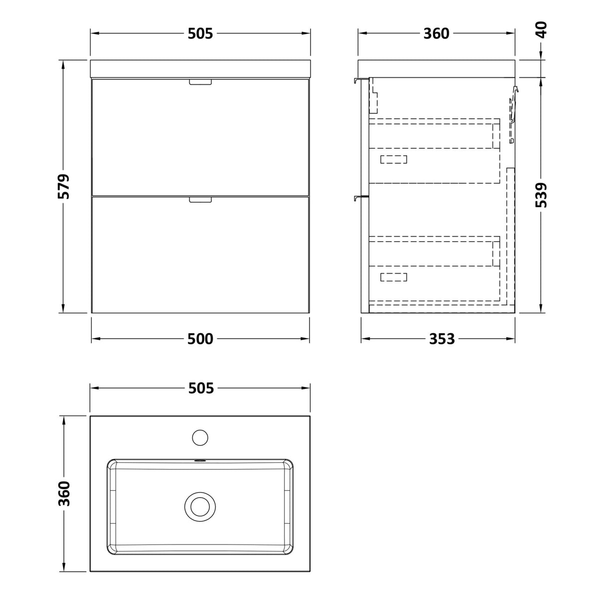 Hudson Reed Fusion 500mm Full Depth Wall Hung Basin Vanity Unit & Basin, 2 Drawers Gloss White CBI141 LD