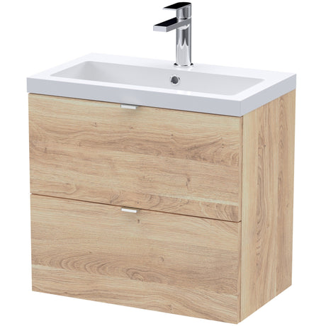 Hudson Reed Fusion 600mm Full Depth Wall Hung Basin Vanity Unit & Basin, 2 Drawers Bleached Oak CBI3030