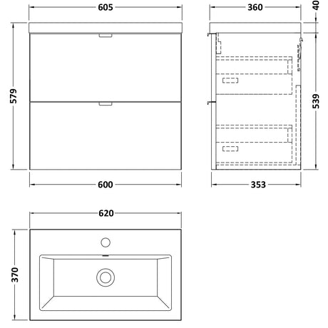 Hudson Reed Fusion 600mm Full Depth Wall Hung Basin Vanity Unit & Basin, 2 Drawers Bleached Oak CBI3030A LD