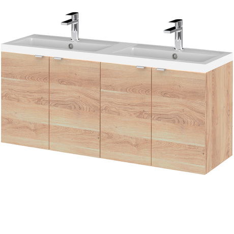 Hudson Reed Fusion 1200mm Full Depth Wall Hung Double Basin Vanity Unit & Basin, 4 Doors Bleached Oak CBI3033