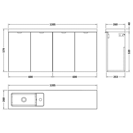 Hudson Reed Fusion 1200mm Slimline Wall Hung Vanity Unit & Basin, 4 Doors Bleached Oak CBI3035 LD