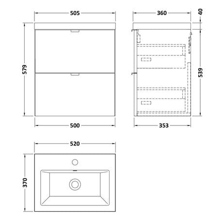 Hudson Reed Fusion 500mm Full Depth Wall Hung Basin Vanity Unit & Basin, 2 Drawers Bleached Oak CBI3041A LD