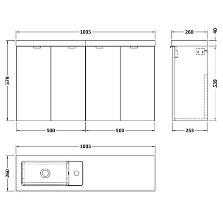 Hudson Reed Fusion 1000mm Slimline Wall Hung Vanity Unit & Basin, 4 Doors Bleached Oak CBI3043 LD