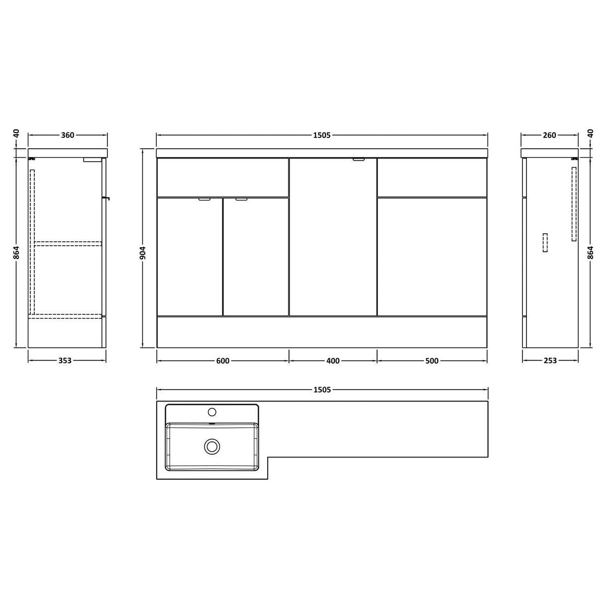 Hudson Reed Fusion 1500mm Full Depth Toilet & Basin Suite, 3 Door Vanity Unit (600mm) Anthracite Woodgrain CBI515 LD