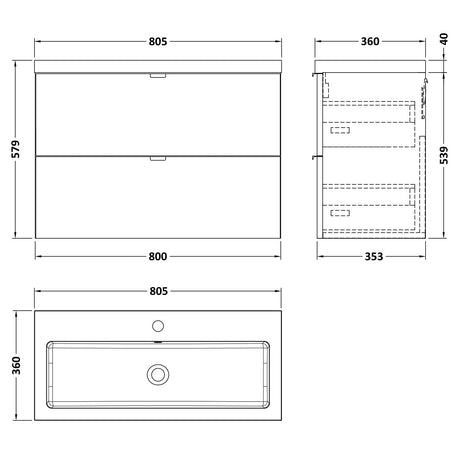 Hudson Reed Fusion 800mm Full Depth Wall Hung Basin Vanity Unit & Basin, 2 Drawers Anthracite Woodgrain CBI531 LD