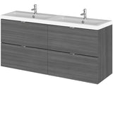 Hudson Reed Fusion 1200mm Full Depth Wall Hung Double Basin Vanity Unit & Basin, 4 Drawers Anthracite Woodgrain CBI532